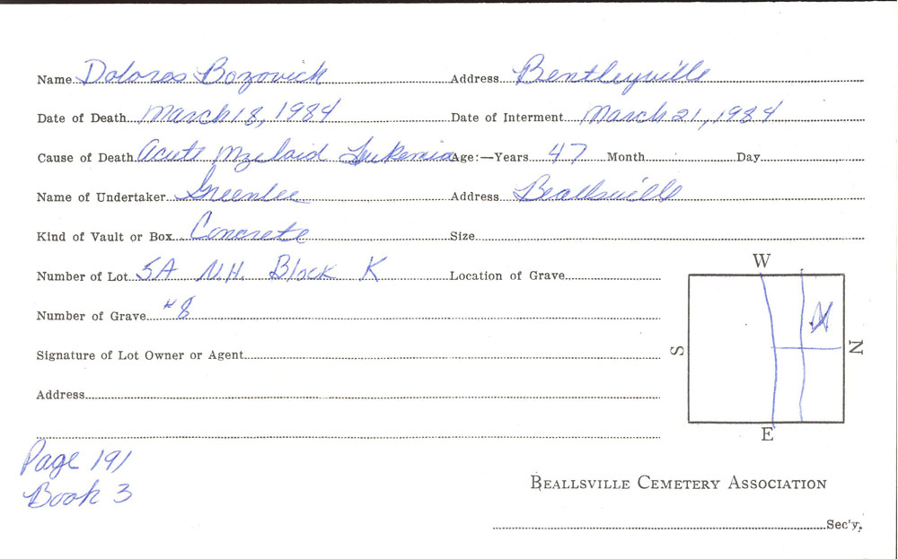 Dolores Bozovich burial card